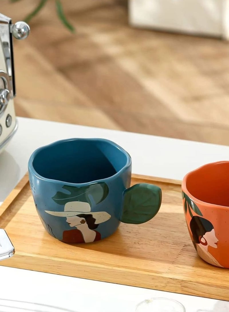 Premium 360ml Sky Blue Porcelain Mug Featuring Artistic Lady Portrait and Ergonomic Green Leaf Shaped Handle with Handmade Artistic Finish - Image 4